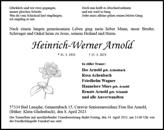 Traueranzeige von Heinrich-Werner Arnold von Hinterländer Anzeiger