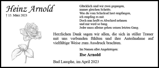 Traueranzeige von Heinz Arnold von Hinterländer Anzeiger