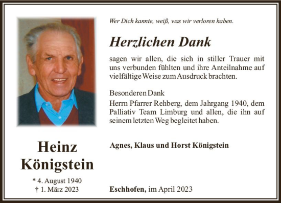 Traueranzeige von Heinz Königstein von Nassauische Neue Presse
