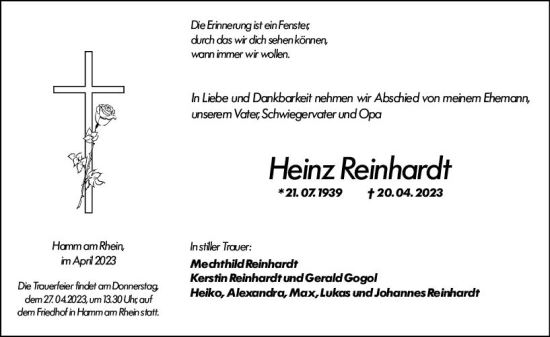Traueranzeige von Heinz Reinhardt von Wormser Zeitung