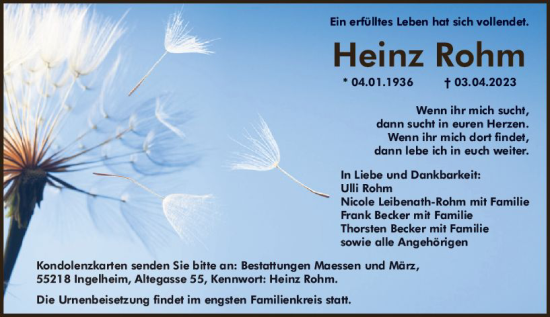 Traueranzeige von Heinz Rohm von Allgemeine Zeitung Bingen/Ingelheim