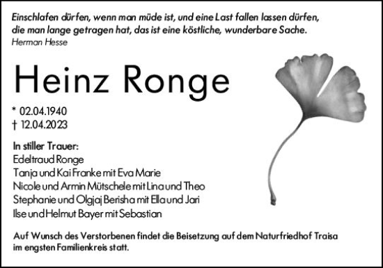 Traueranzeige von Heinz Ronge von Darmstädter Echo
