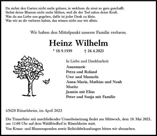 Traueranzeige von Heinz Wilhelm von Rüsselsheimer Echo