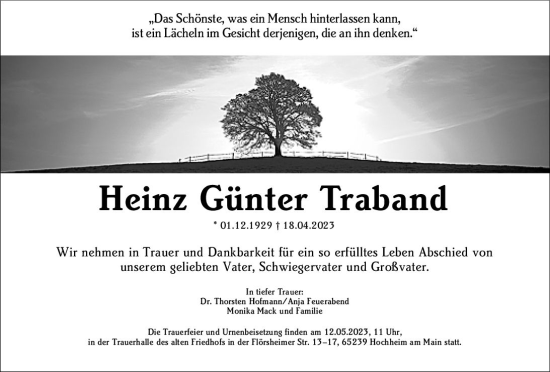 Traueranzeige von Heinz Günter Traband von Hochheimer Zeitung