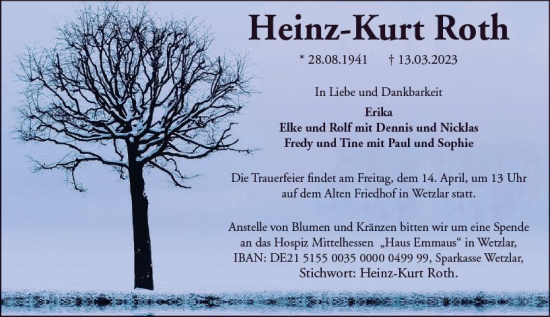 Traueranzeige von Heinz Kurt Roth von Wetzlarer Neue Zeitung