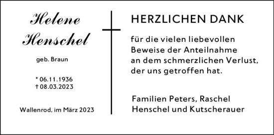Traueranzeige von Helene Henschel von VRM Trauer