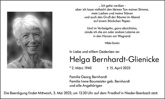 Traueranzeige von Helga Bernhardt-Glienicke von Darmstädter Echo