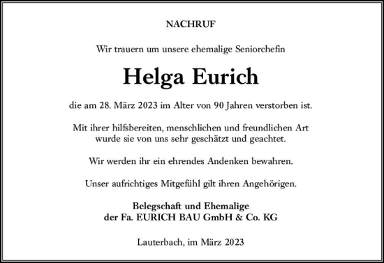 Traueranzeige von Helga Eurich von VRM Trauer
