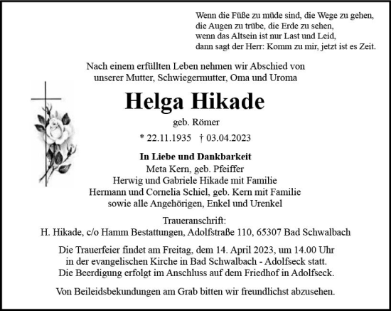 Traueranzeige von Helga Hikade von Wiesbadener Kurier