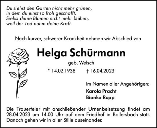 Traueranzeige von Helga Schürmann von Dill Block