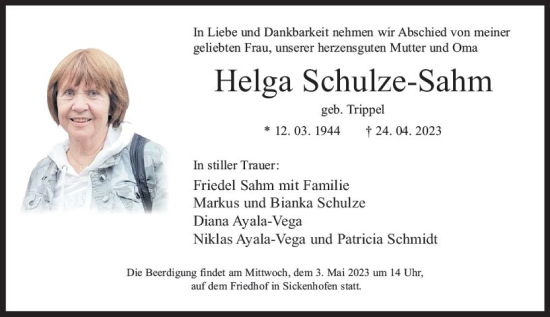 Traueranzeige von Helga Schulze-Sahm von Darmstädter Echo