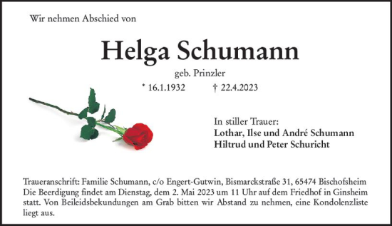 Traueranzeige von Helga Schumann von Allgemeine Zeitung Mainz