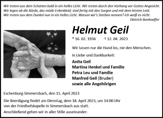 Traueranzeige von Helmut Geil von Dill Block