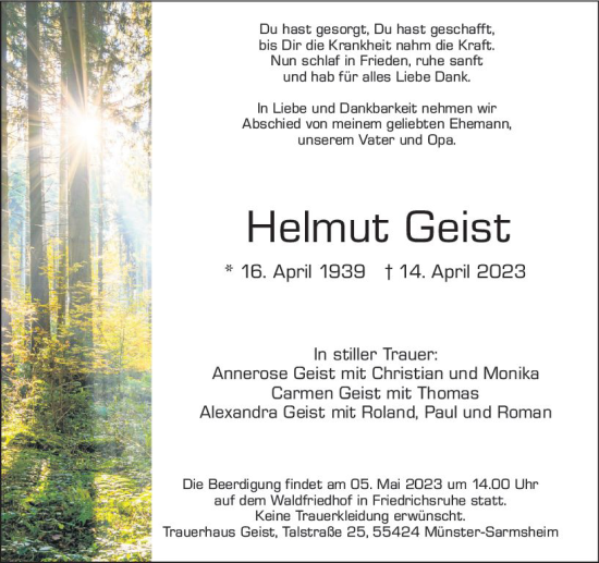 Traueranzeige von Helmut Geist von Allgemeine Zeitung Bingen/Ingelheim