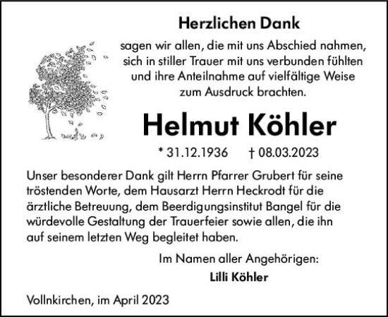 Traueranzeige von Helmut Köhler von Wetzlarer Neue Zeitung