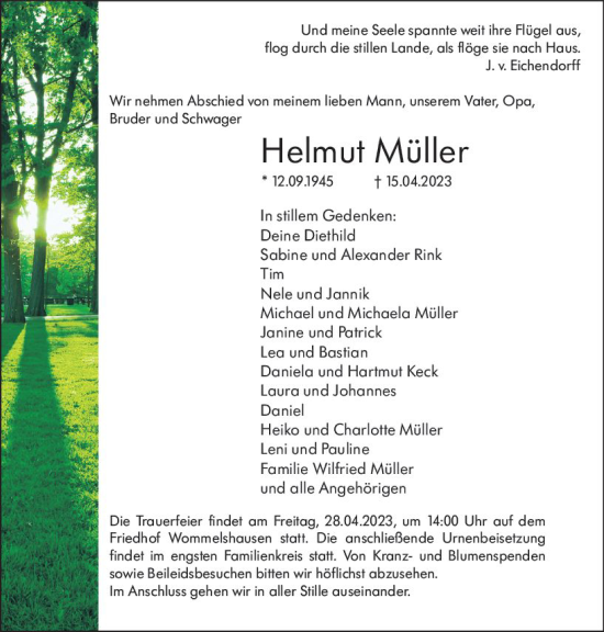 Traueranzeige von Helmut Müller von Hinterländer Anzeiger
