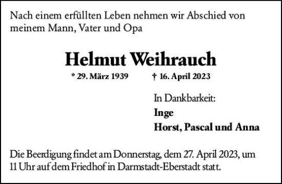Traueranzeige von Helmut Weihrauch von Darmstädter Echo