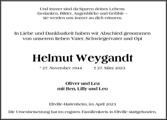 Traueranzeige von Helmut Weygandt von Wiesbadener Kurier