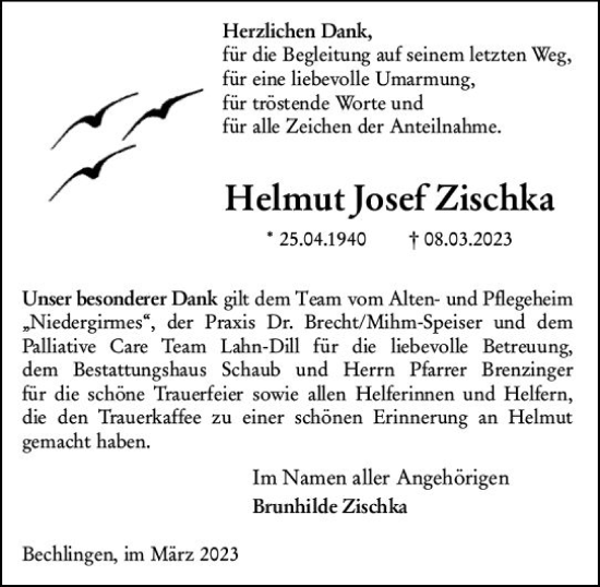 Traueranzeige von Helmut Zischka von Wetzlarer Neue Zeitung