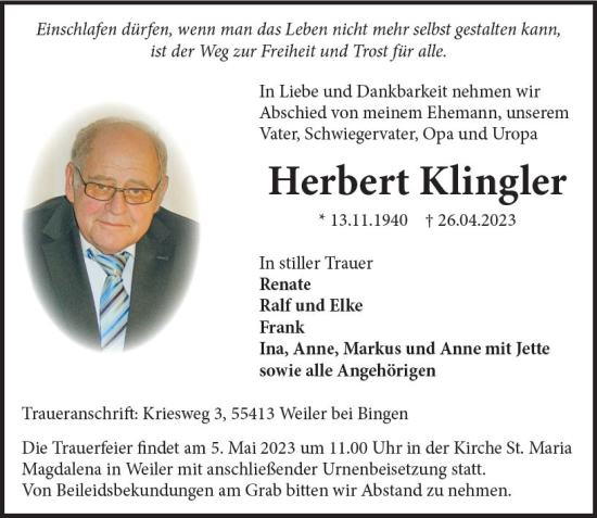 Traueranzeige von Herbert Klingler von Allgemeine Zeitung Bingen/Ingelheim