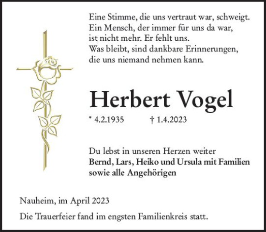 Traueranzeige von Herbert Vogel von Rüsselsheimer Echo