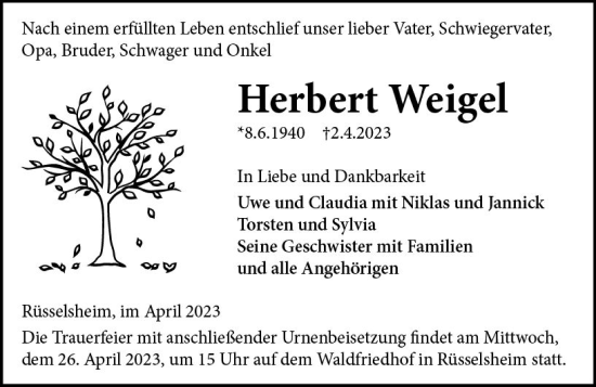 Traueranzeige von Herbert Weigel von Rüsselsheimer Echo