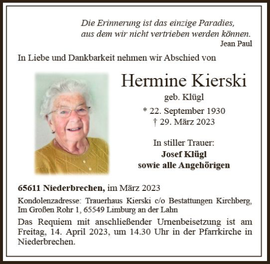 Traueranzeige von Hermine Kierski von Nassauische Neue Presse