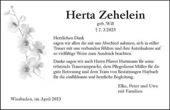 Traueranzeige von Herta Zehelein von Wiesbadener Kurier