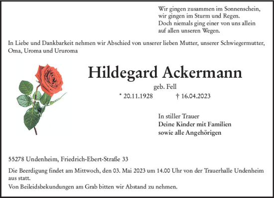 Traueranzeige von Hildegard Ackermann von Allgemeine Zeitung Mainz
