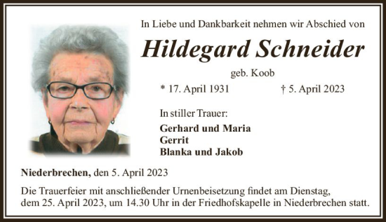 Traueranzeige von Hildegard Schneider von Nassauische Neue Presse