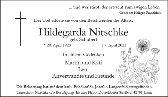 Traueranzeige von Hildegarda Nitschke von Dill Block