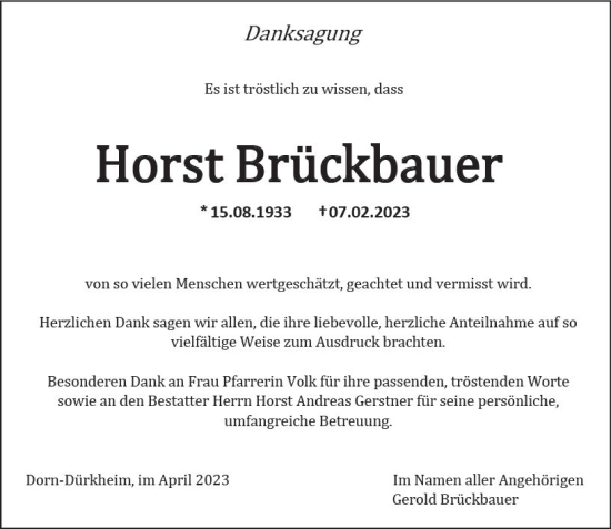 Traueranzeige von Horst Brückbauer von Wormser Zeitung