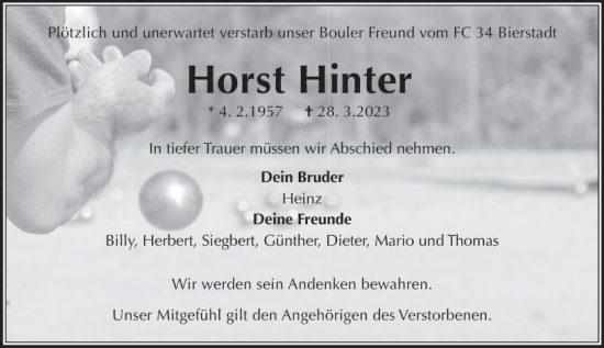 Traueranzeige von Horst Hinter von Wiesbadener Kurier Traueranzeige von Horst Hinter von Wiesbadener Kurier