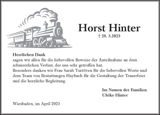Traueranzeige von Horst Hinter von Wiesbadener Kurier Traueranzeige von Horst Hinter von Wiesbadener Kurier