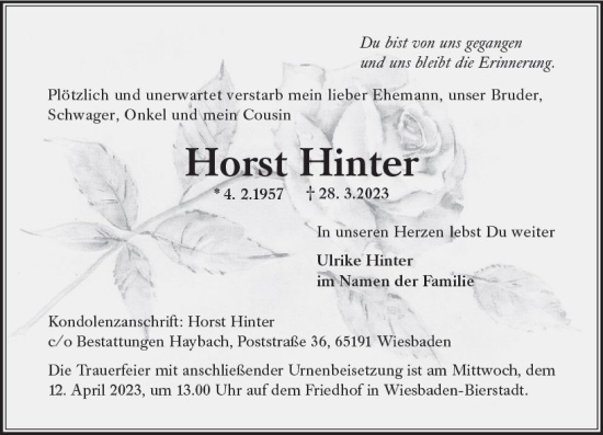 Traueranzeige von Horst Hinter von Wiesbadener Kurier Traueranzeige von Horst Hinter von Wiesbadener Kurier