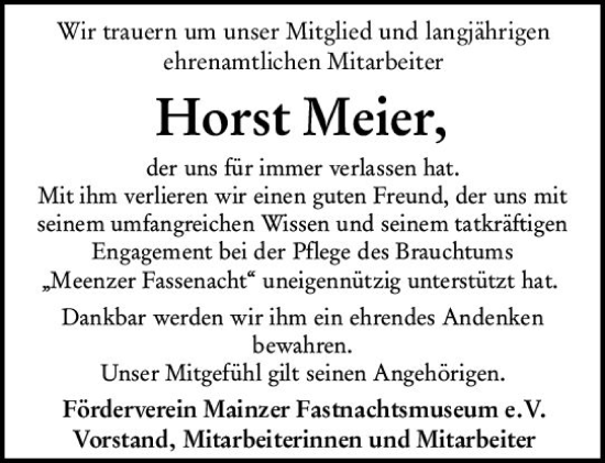 Traueranzeige von Horst Meier von Allgemeine Zeitung Mainz