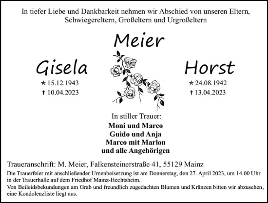 Traueranzeige von Horst Meier von Allgemeine Zeitung Mainz