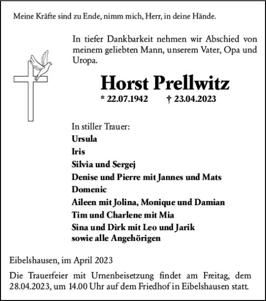 Traueranzeige von Horst Prellwitz von Dill Block