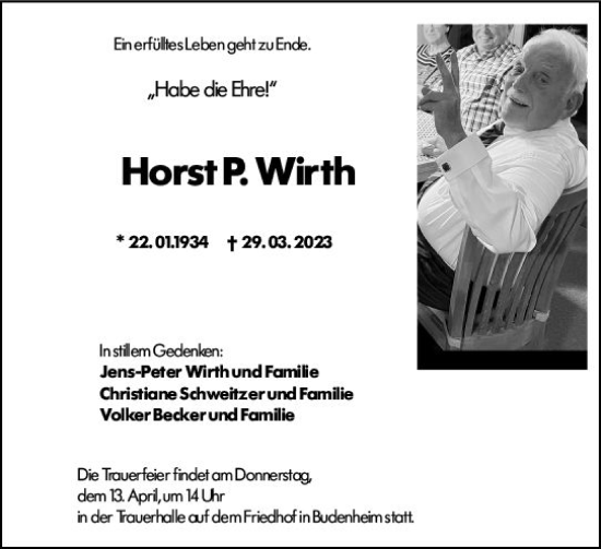 Traueranzeige von Horst Wirth von Allgemeine Zeitung Mainz