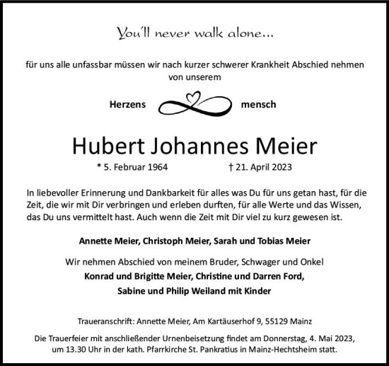 Traueranzeige von Hubert Johannes Meier von Wiesbadener Kurier