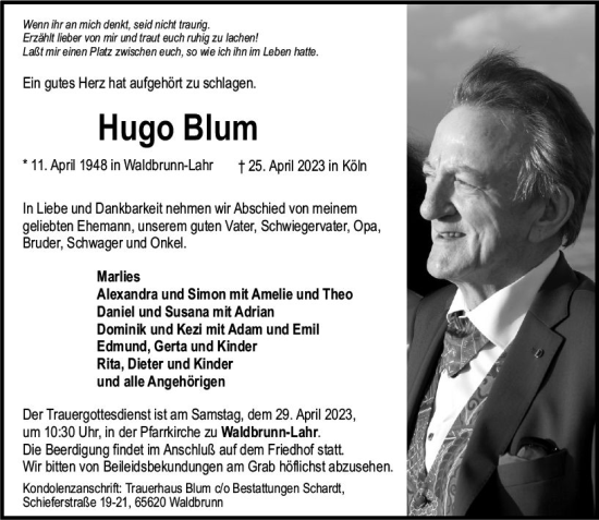 Traueranzeige von Hugo Blum von Nassauische Neue Presse