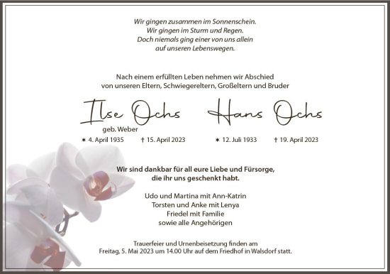 Traueranzeige von Ilse Ochs von Camberger Anzeiger