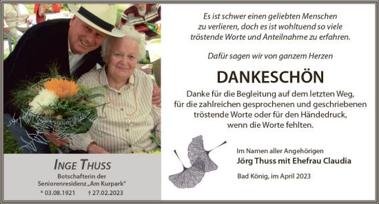 Traueranzeige von Inge Thuss von Odenwälder Echo