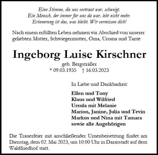 Traueranzeige von Ingeborg Luise Kirschner von Darmstädter Echo