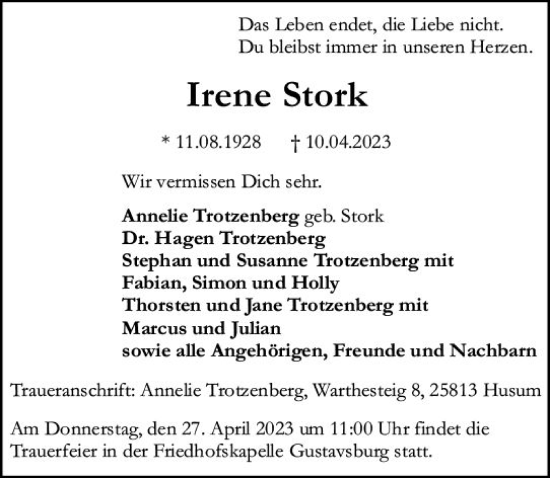 Traueranzeige von Irene Stork von Allgemeine Zeitung Mainz