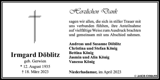 Traueranzeige von Irmgard Döblitz von Nassauische Neue Presse