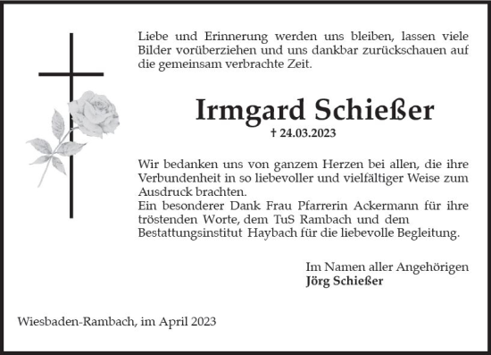 Traueranzeige von Irmgard Schießer von Wiesbadener Kurier