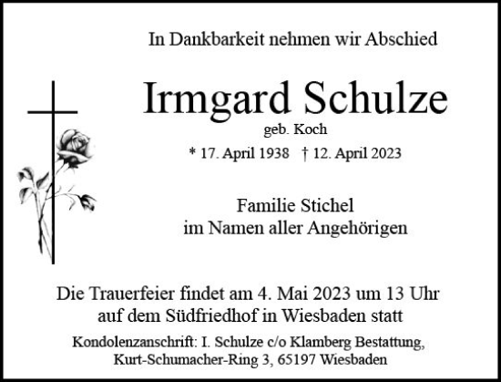 Traueranzeige von Irmgard Schulze von Wiesbadener Kurier Traueranzeige von Irmgard Schulze von Wiesbadener Kurier