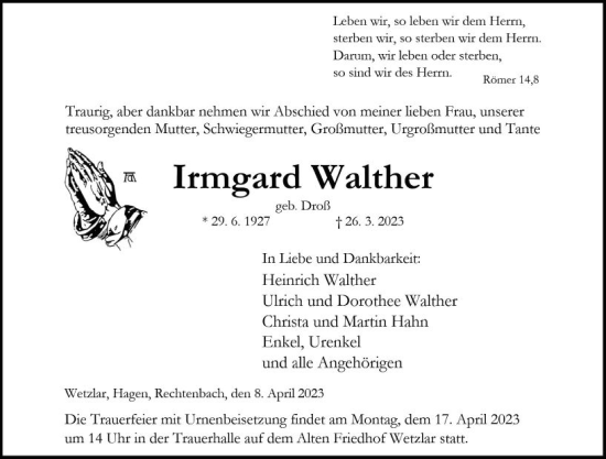 Traueranzeige von Irmgard Walther von Wetzlarer Neue Zeitung