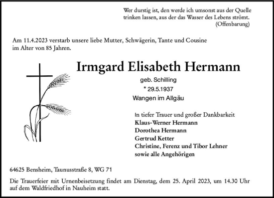 Traueranzeige von Irmgard Elisabeth Hermann von Rüsselsheimer Echo